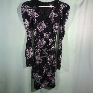 Venus Black Floral Wrap Dress V Neck Belted Sheath Knee Length Evening Dress